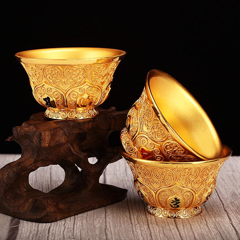 Tibetan 2.7" Alloy Embossed Plum Blossom Water Offering Bowl, Buddhist Altar Ritual Cup for Temple Shrine, Six-Syllable Mantra Silk Filigree