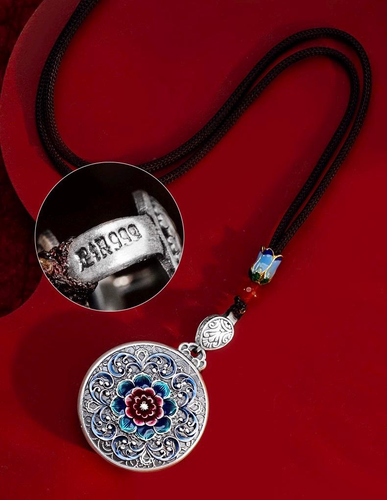 999 Fine Silver Retro Enamel Flower Pendant, Pure Silver Disc Necklace Ornament, National Style Round Plate Sweater Chain Jewelry Gift