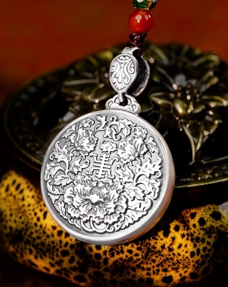 999 Fine Silver Retro Enamel Flower Pendant, Pure Silver Disc Necklace Ornament, National Style Round Plate Sweater Chain Jewelry Gift
