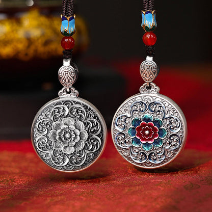 999 Fine Silver Retro Enamel Flower Pendant, Pure Silver Disc Necklace Ornament, National Style Round Plate Sweater Chain Jewelry Gift
