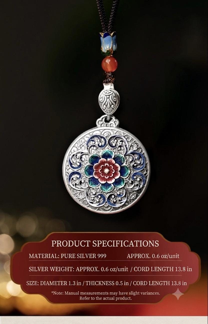 999 Fine Silver Retro Enamel Flower Pendant, Pure Silver Disc Necklace Ornament, National Style Round Plate Sweater Chain Jewelry Gift