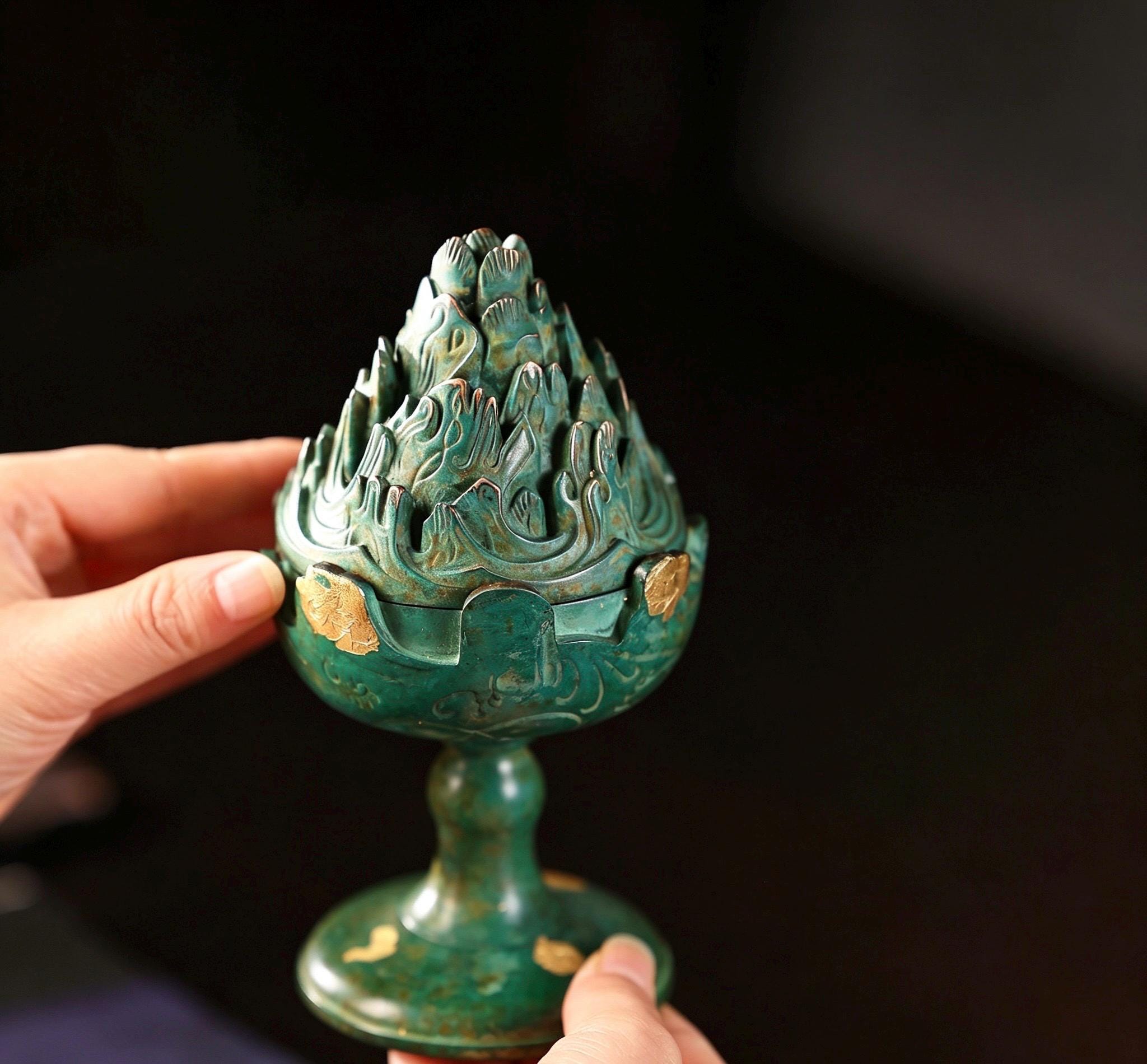Boshan Incense Burner, Replica Gold Inlay Censer, Vintage Incense Burner for Coil Cone Stick, Retro Desk Decor,Spiritual Zen Meditation Gift