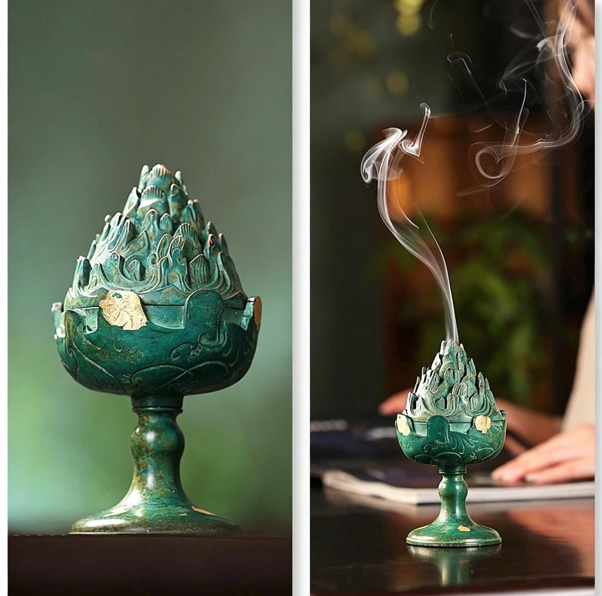 Boshan Incense Burner, Replica Gold Inlay Censer, Vintage Incense Burner for Coil Cone Stick, Retro Desk Decor,Spiritual Zen Meditation Gift