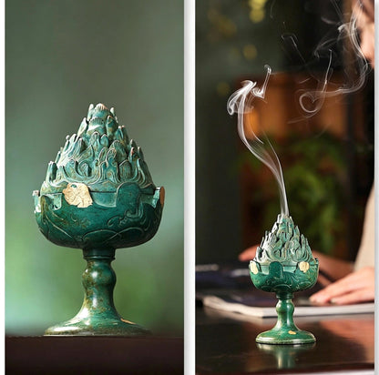 Boshan Incense Burner, Replica Gold Inlay Censer, Vintage Incense Burner for Coil Cone Stick, Retro Desk Decor,Spiritual Zen Meditation Gift