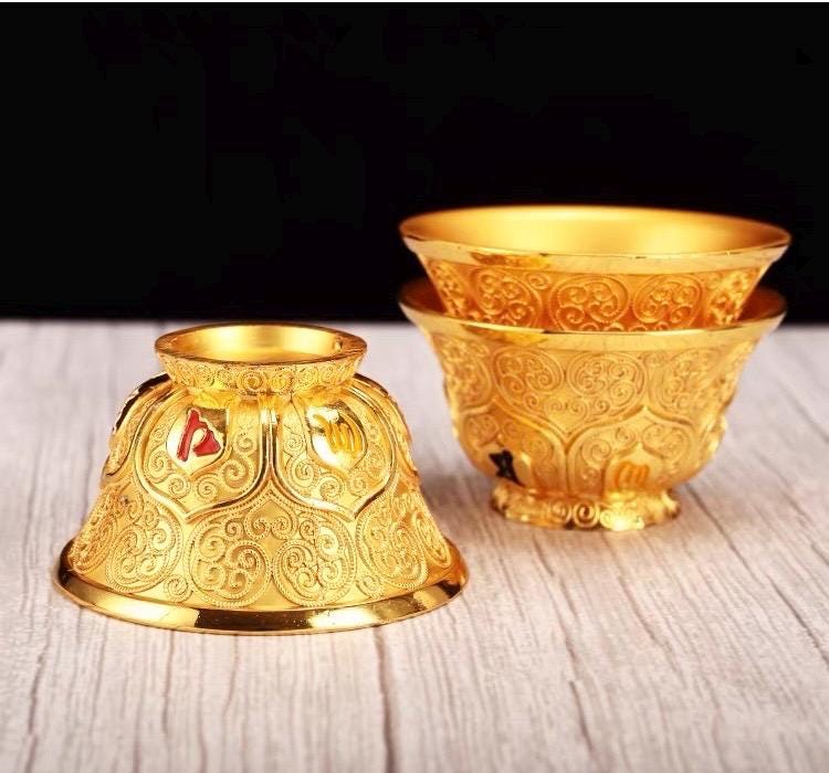 Handcrafted Nepalese Gilded Brass Offering Bowl Tibetan Buddhist Water Cup for Altar Rituals