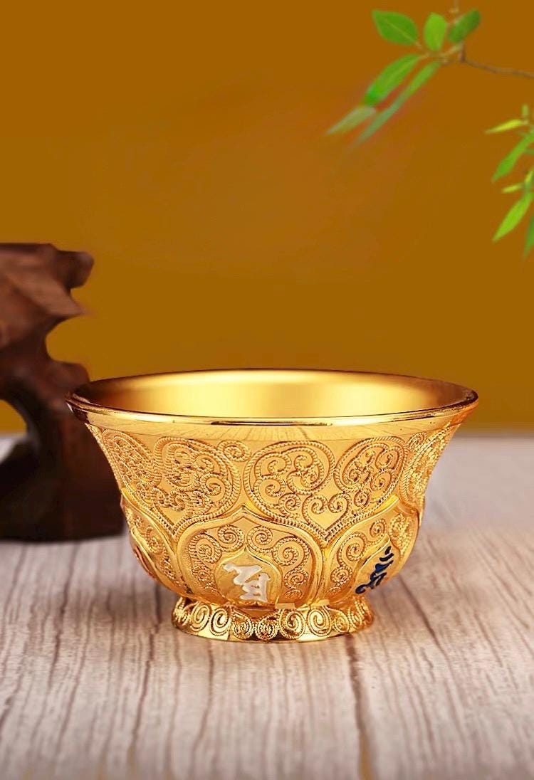 Handcrafted Nepalese Gilded Brass Offering Bowl Tibetan Buddhist Water Cup for Altar Rituals