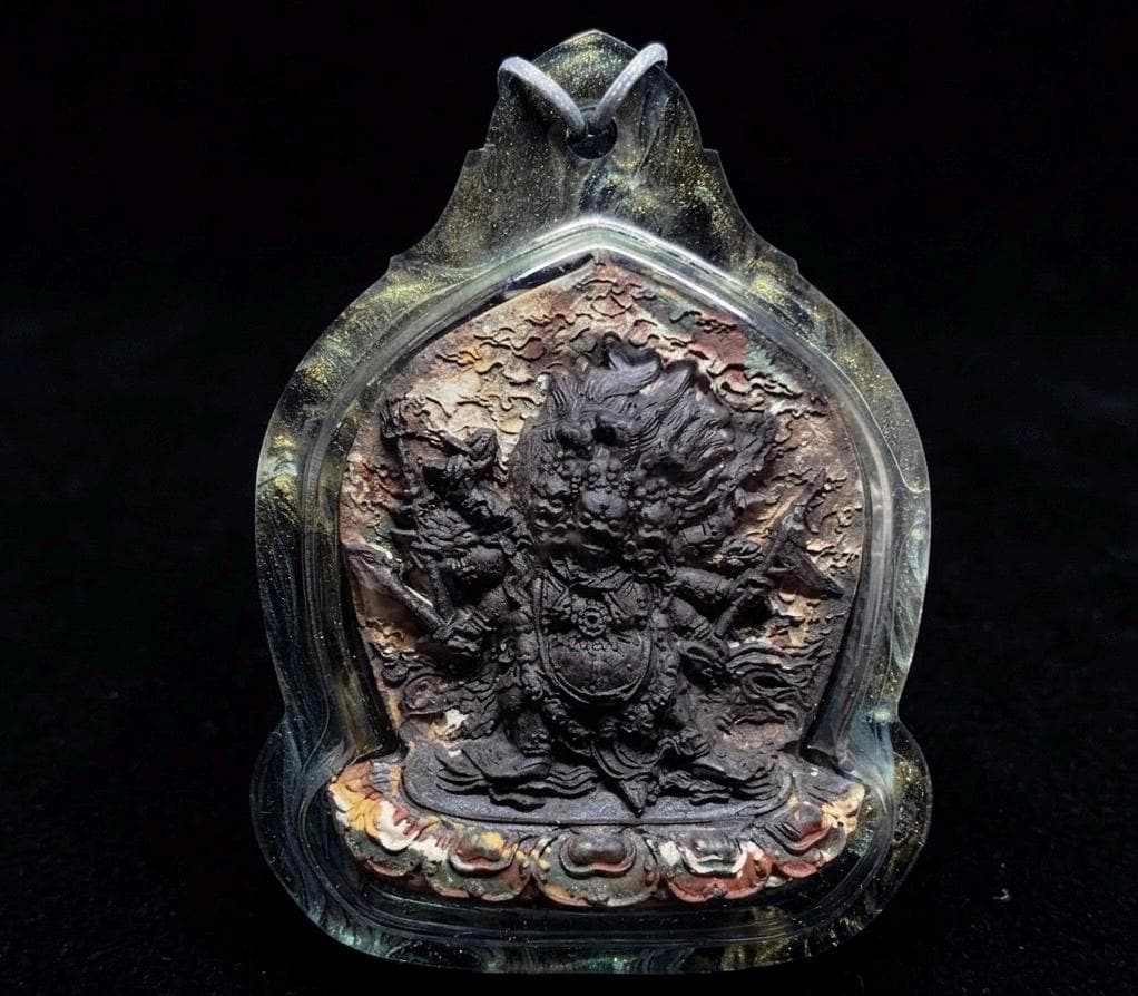 Hayagriva Thangka Pendant, Multi Color Splice Medicine Clay Tsa Tsa Necklace, Tibetan Buddhist Amulet Gau Box, Wrathful Deity Talisman