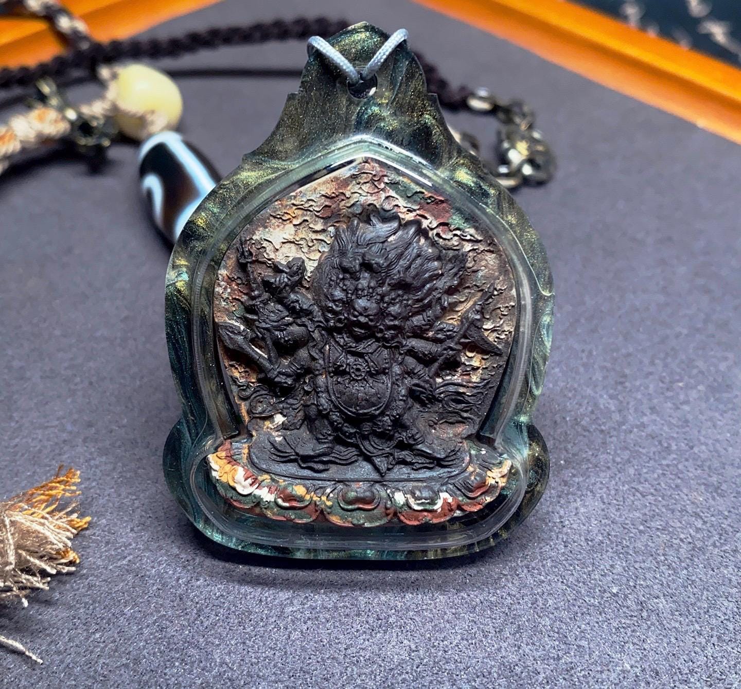 Hayagriva Thangka Pendant, Multi Color Splice Medicine Clay Tsa Tsa Necklace, Tibetan Buddhist Amulet Gau Box, Wrathful Deity Talisman