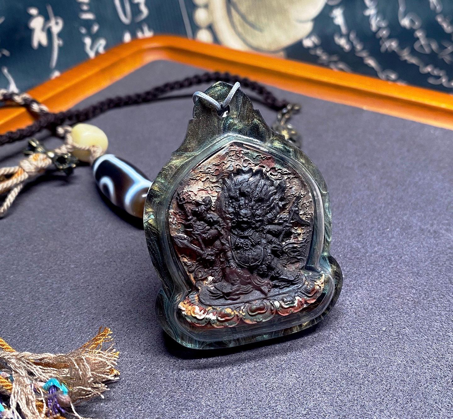Hayagriva Thangka Pendant, Multi Color Splice Medicine Clay Tsa Tsa Necklace, Tibetan Buddhist Amulet Gau Box, Wrathful Deity Talisman