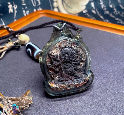 Hayagriva Thangka Pendant, Multi Color Splice Medicine Clay Tsa Tsa Necklace, Tibetan Buddhist Amulet Gau Box, Wrathful Deity Talisman