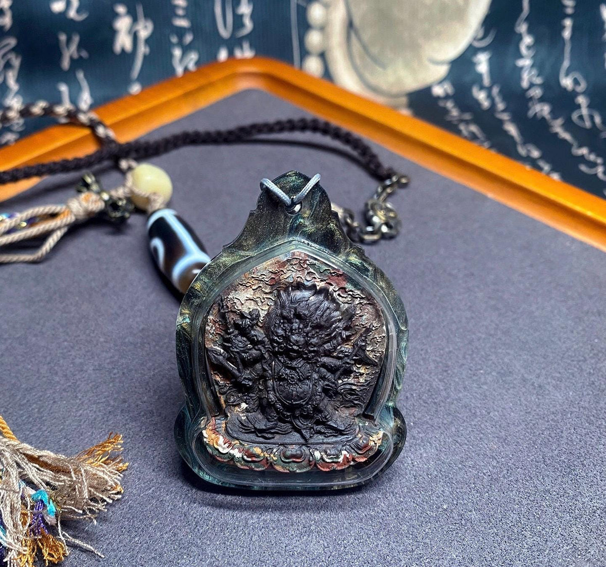 Hayagriva Thangka Pendant, Multi Color Splice Medicine Clay Tsa Tsa Necklace, Tibetan Buddhist Amulet Gau Box, Wrathful Deity Talisman