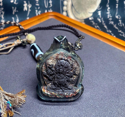Hayagriva Thangka Pendant, Multi Color Splice Medicine Clay Tsa Tsa Necklace, Tibetan Buddhist Amulet Gau Box, Wrathful Deity Talisman