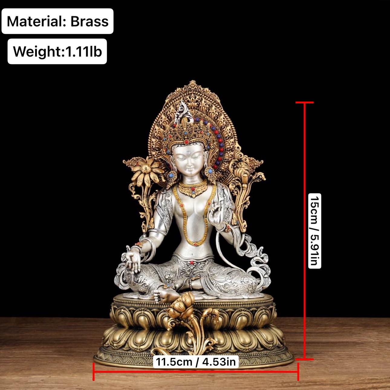 Nepali Green Tara Statue, Silver Plated Gold Gilded Copper Bodhisattva, Tibetan Buddhist Home Altar Decor, White Tara Blessing Sculpture