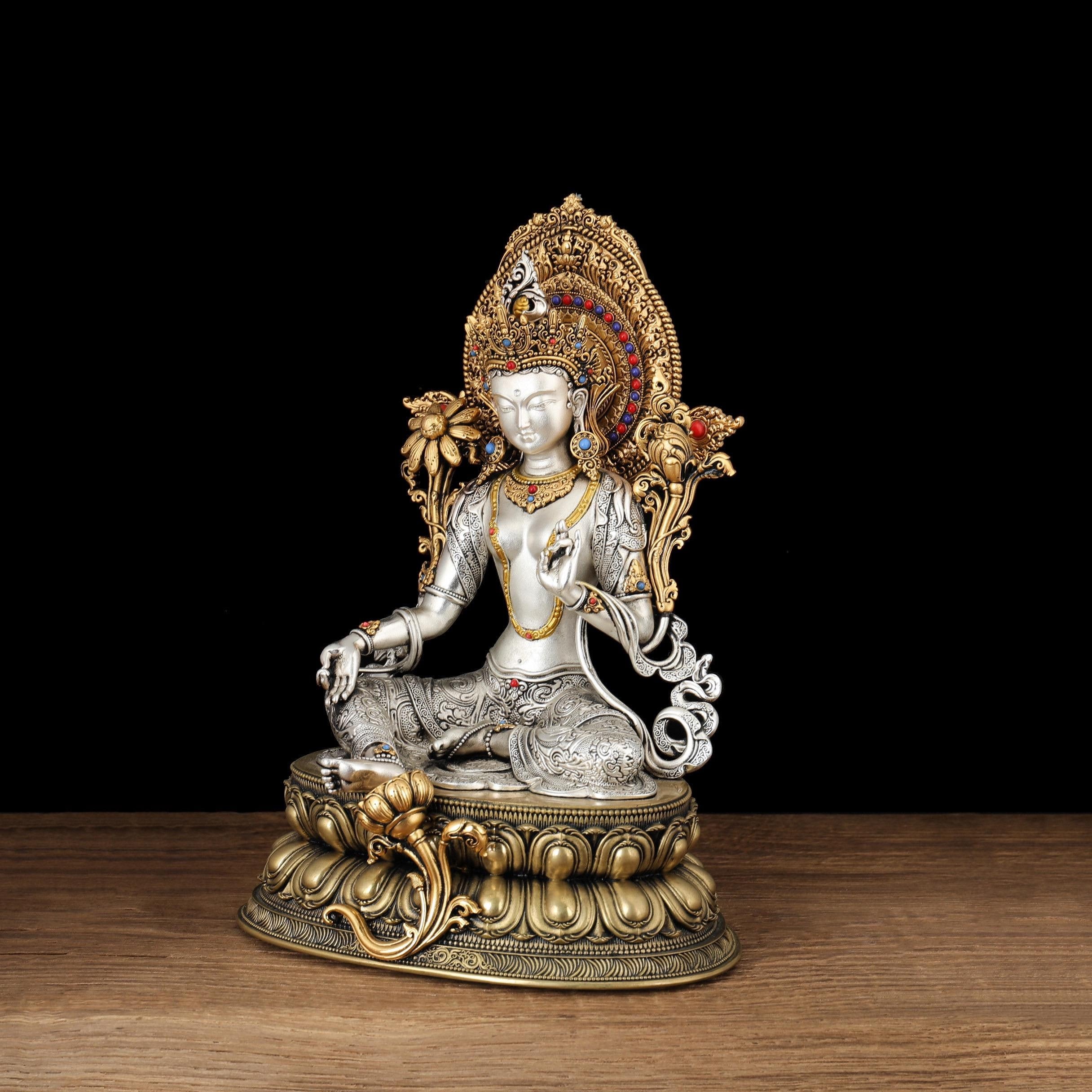 Nepali Green Tara Statue, Silver Plated Gold Gilded Copper Bodhisattva, Tibetan Buddhist Home Altar Decor, White Tara Blessing Sculpture