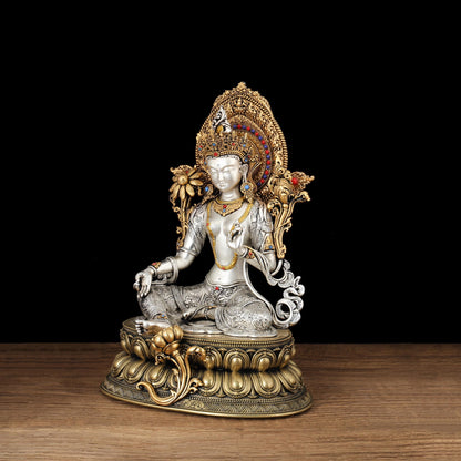 Nepali Green Tara Statue, Silver Plated Gold Gilded Copper Bodhisattva, Tibetan Buddhist Home Altar Decor, White Tara Blessing Sculpture