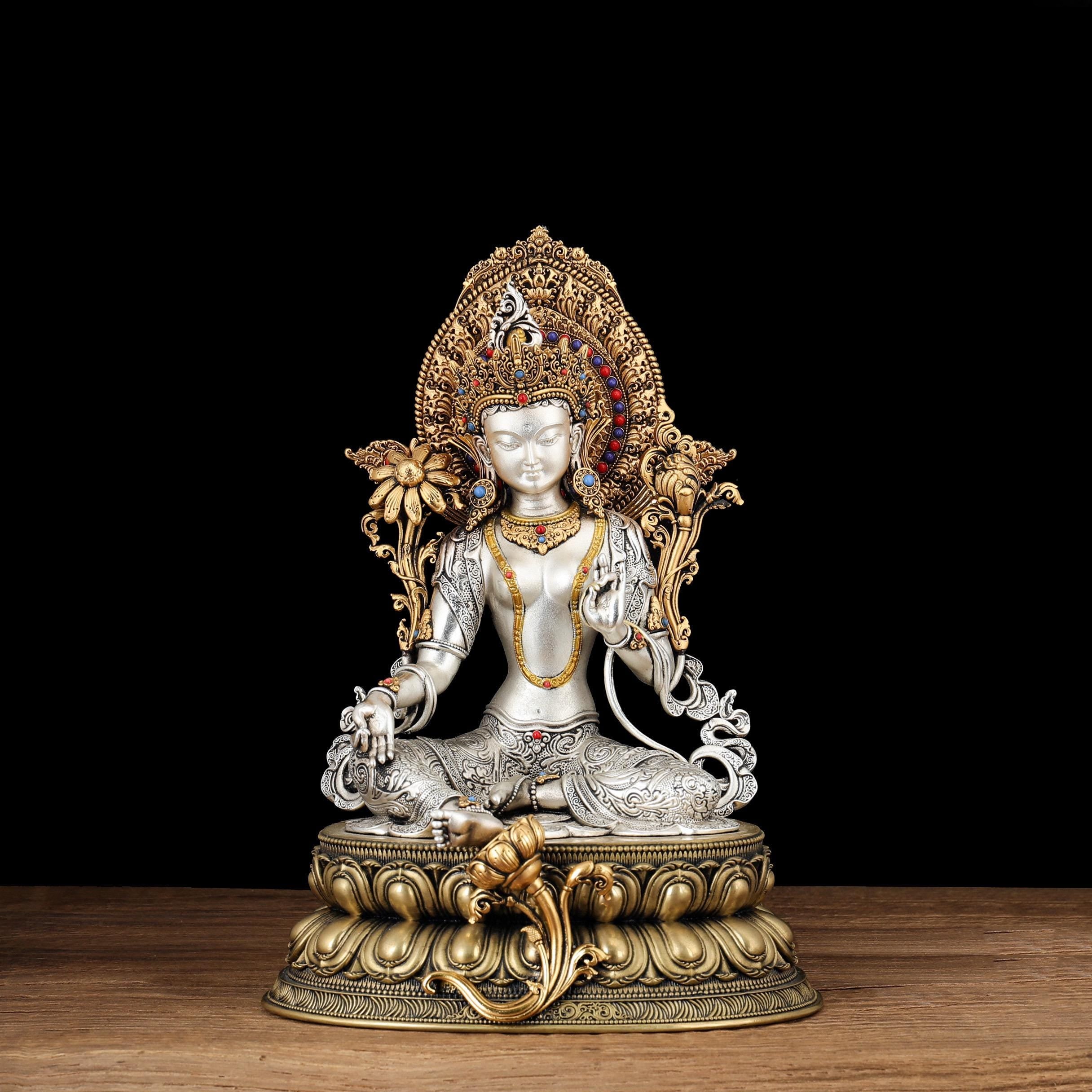 Nepali Green Tara Statue, Silver Plated Gold Gilded Copper Bodhisattva, Tibetan Buddhist Home Altar Decor, White Tara Blessing Sculpture