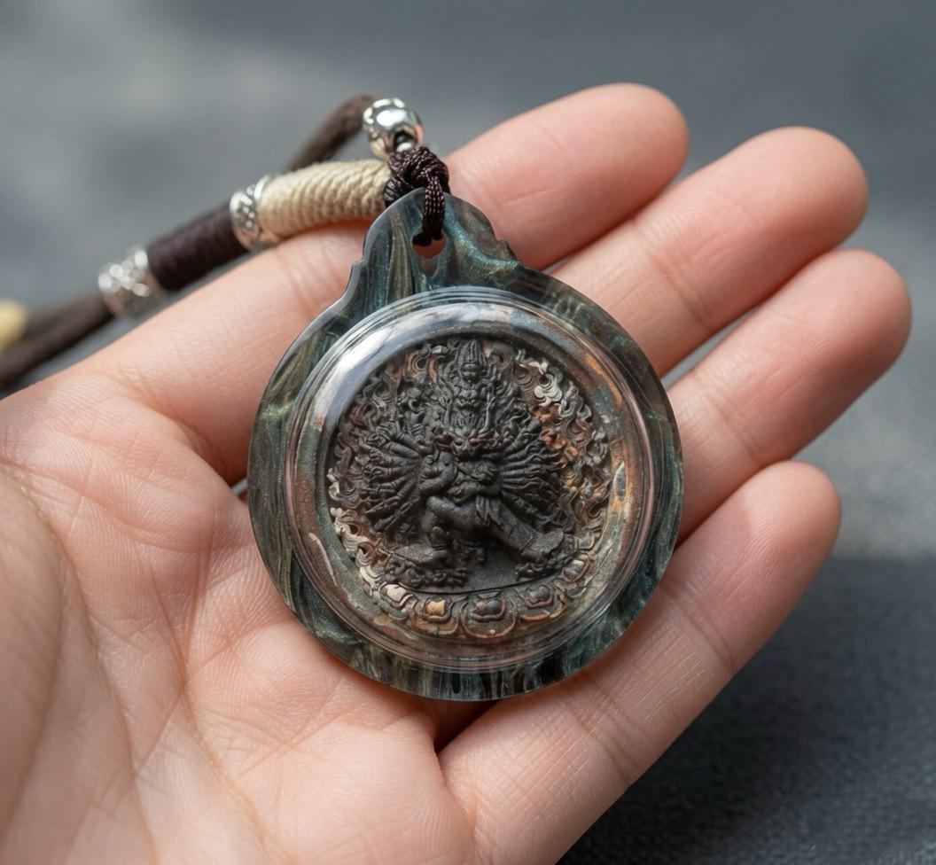 Tibetan Yamantaka Tsatsa Pendant, Multi Color Clay Amulet, Vajrayana Buddhism Gau Box Necklace, Buddhist Art Thangka Medallion Jewelry