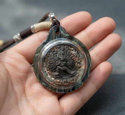 Tibetan Yamantaka Tsatsa Pendant, Multi Color Clay Amulet, Vajrayana Buddhism Gau Box Necklace, Buddhist Art Thangka Medallion Jewelry