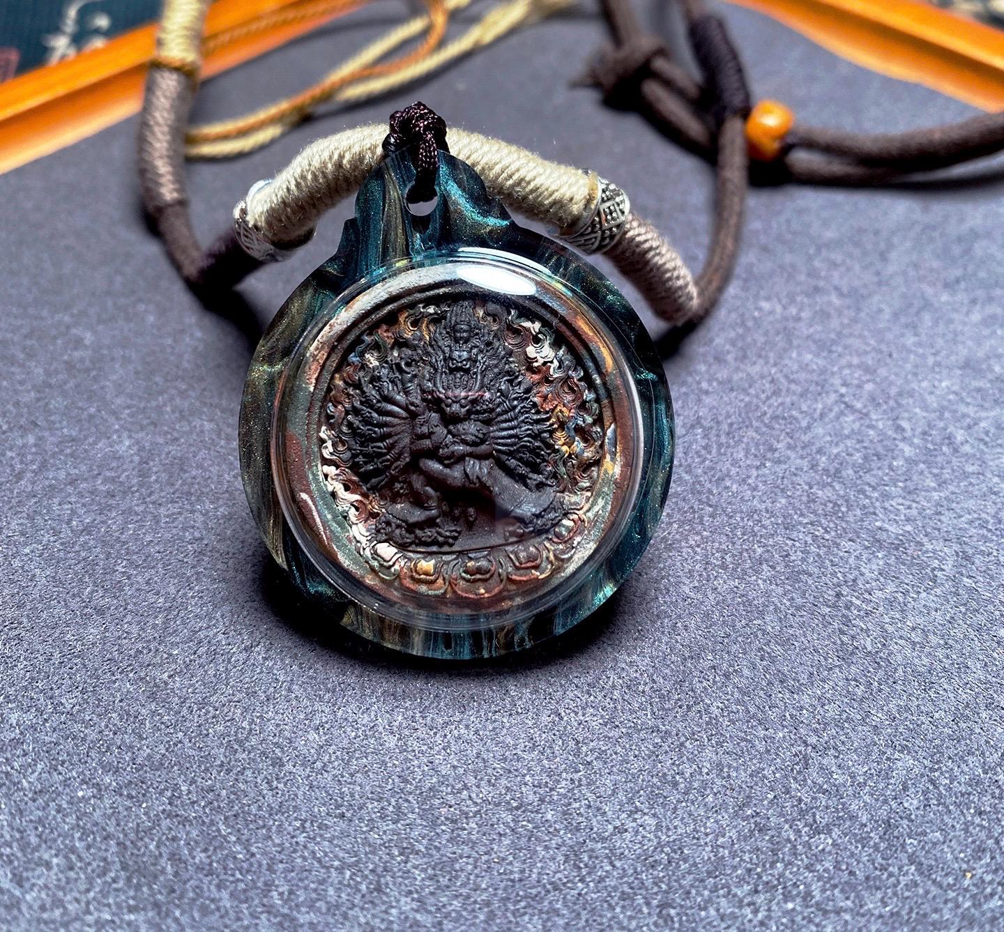 Tibetan Yamantaka Tsatsa Pendant, Multi Color Clay Amulet, Vajrayana Buddhism Gau Box Necklace, Buddhist Art Thangka Medallion Jewelry