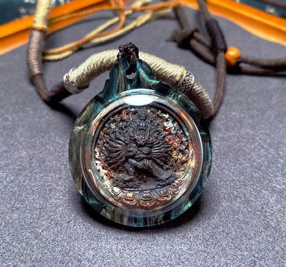 Tibetan Yamantaka Tsatsa Pendant, Multi Color Clay Amulet, Vajrayana Buddhism Gau Box Necklace, Buddhist Art Thangka Medallion Jewelry
