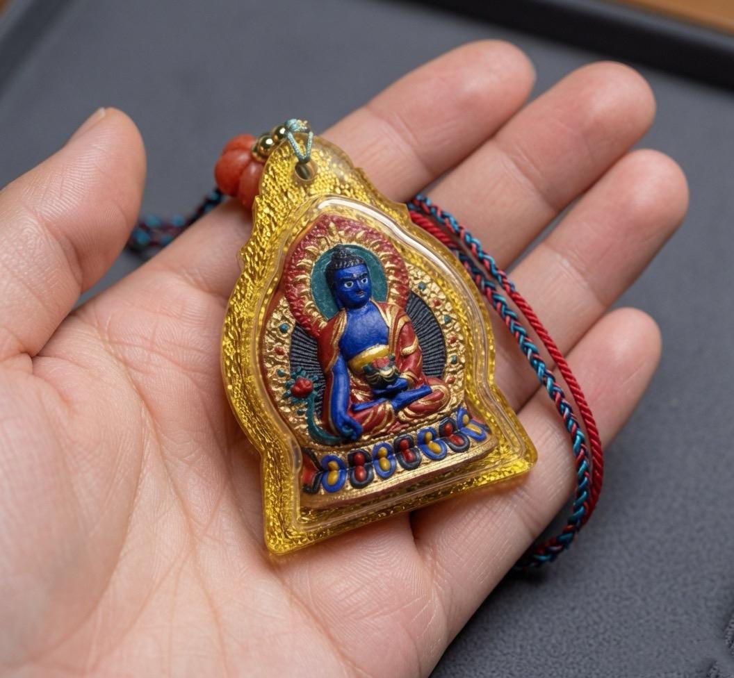 Hand-Painted Medicine Buddha Tsatsa Pendant, Mineral Pigment Tibetan Amulet, Spiritual Healing Talisman Necklace, Miniature Thangka Art Gift