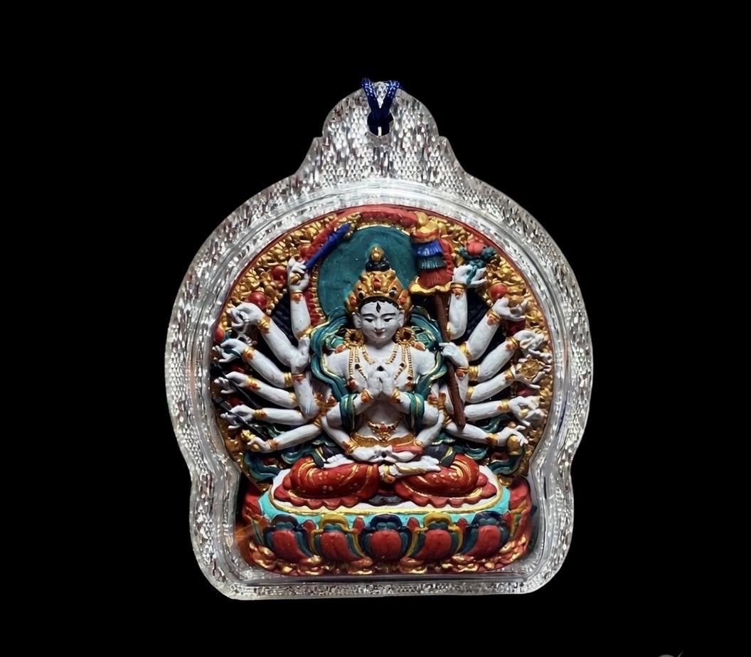 Hand-Painted Cundi Bodhisattva Tsatsa Pendant, Mineral Painted Tibetan Amulet, Eighteen-Armed Mother of Buddhas Gau Box Necklace