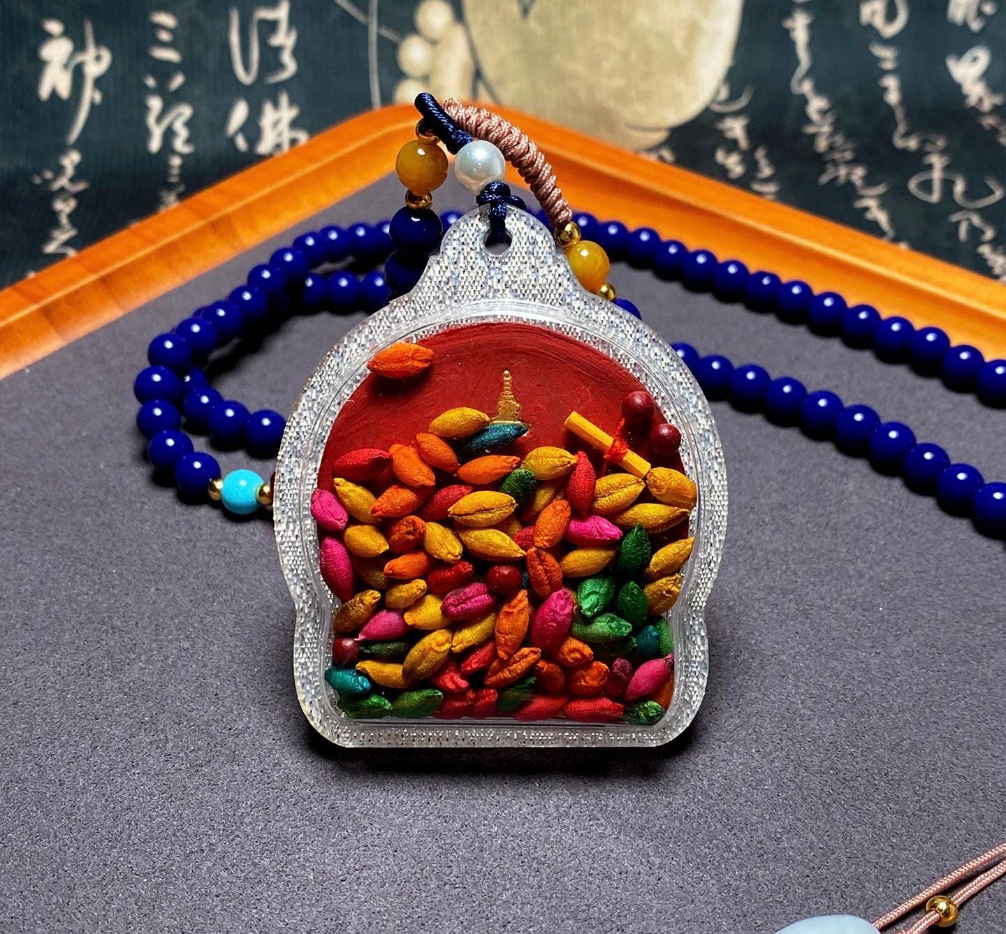 Hand-Painted Cundi Bodhisattva Tsatsa Pendant, Mineral Painted Tibetan Amulet, Eighteen-Armed Mother of Buddhas Gau Box Necklace