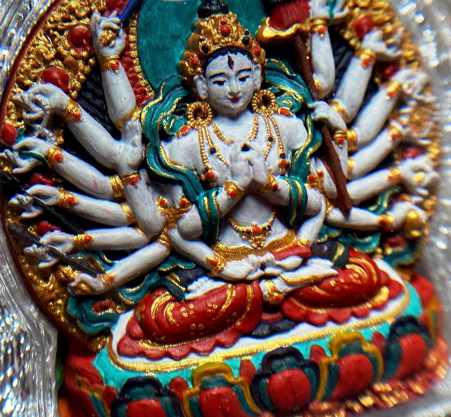 Hand-Painted Cundi Bodhisattva Tsatsa Pendant, Mineral Painted Tibetan Amulet, Eighteen-Armed Mother of Buddhas Gau Box Necklace