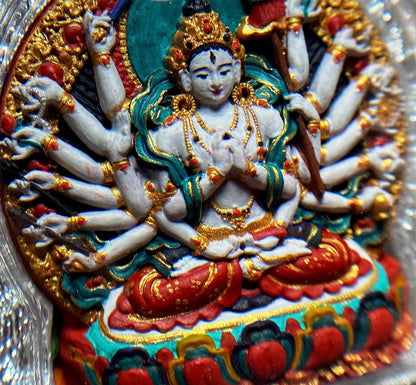 Hand-Painted Cundi Bodhisattva Tsatsa Pendant, Mineral Painted Tibetan Amulet, Eighteen-Armed Mother of Buddhas Gau Box Necklace