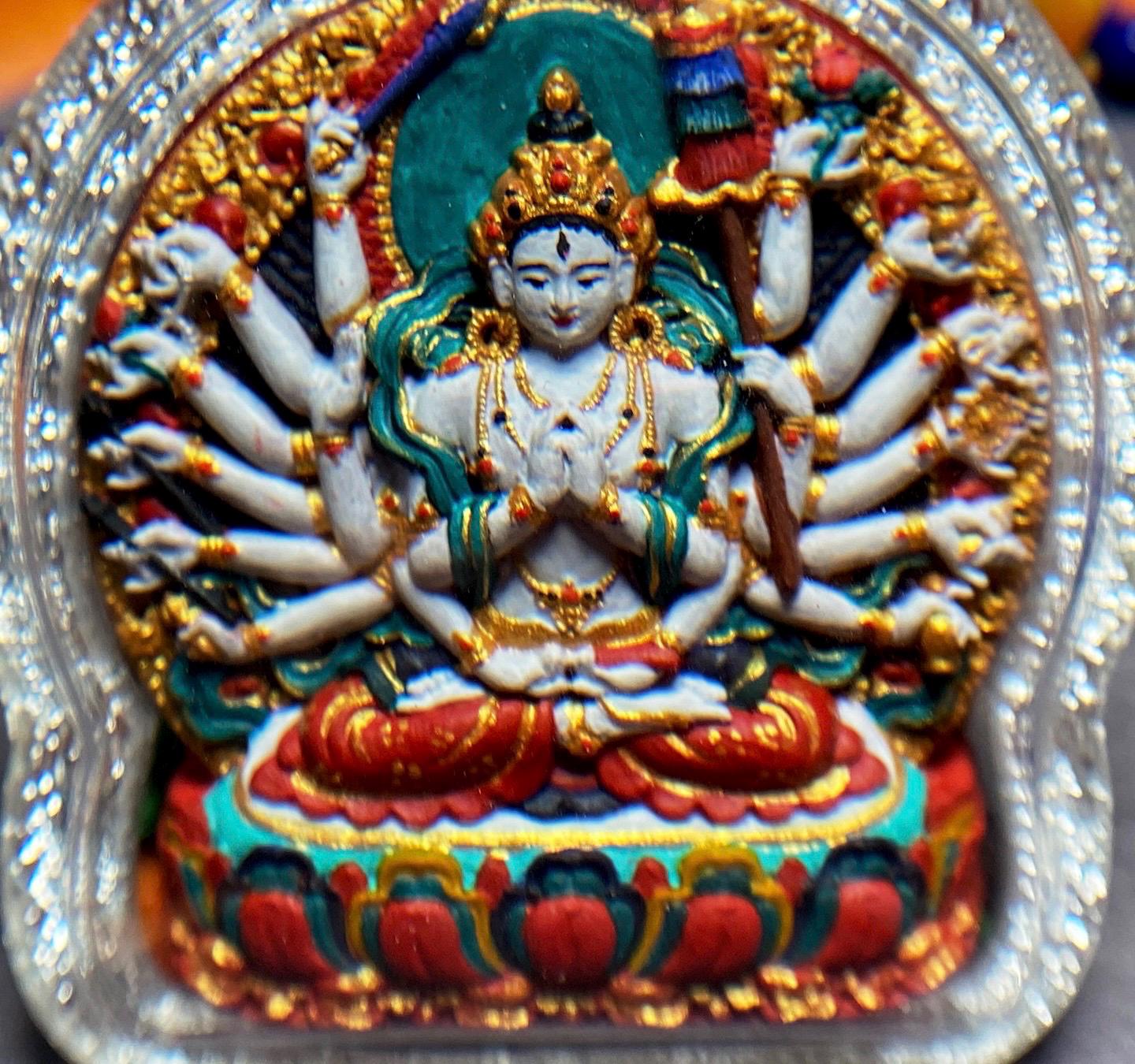 Hand-Painted Cundi Bodhisattva Tsatsa Pendant, Mineral Painted Tibetan Amulet, Eighteen-Armed Mother of Buddhas Gau Box Necklace