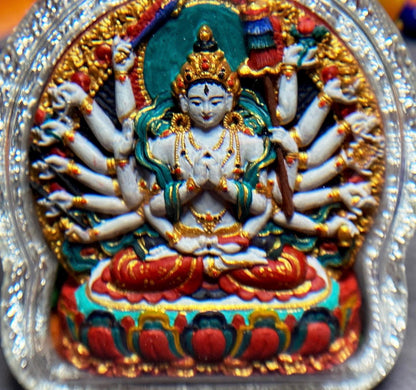Hand-Painted Cundi Bodhisattva Tsatsa Pendant, Mineral Painted Tibetan Amulet, Eighteen-Armed Mother of Buddhas Gau Box Necklace