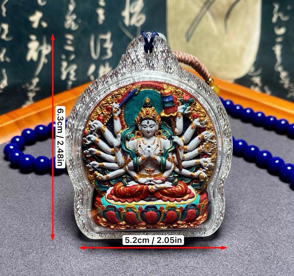 Hand-Painted Cundi Bodhisattva Tsatsa Pendant, Mineral Painted Tibetan Amulet, Eighteen-Armed Mother of Buddhas Gau Box Necklace