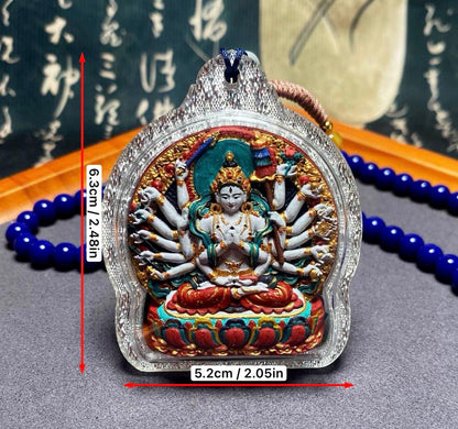 Hand-Painted Cundi Bodhisattva Tsatsa Pendant, Mineral Painted Tibetan Amulet, Eighteen-Armed Mother of Buddhas Gau Box Necklace