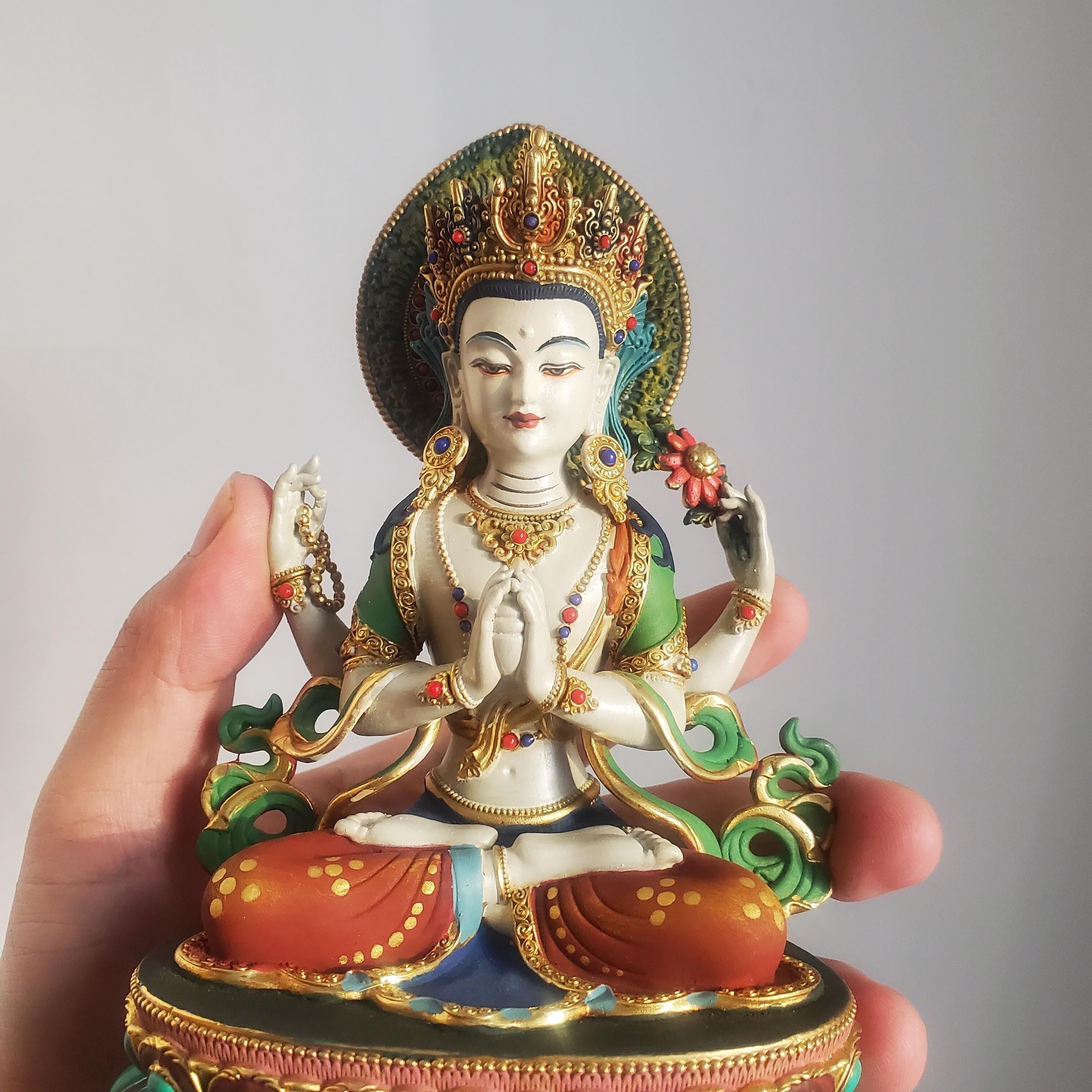 Gilded Copper Four Armed Avalokiteshvara Statue, Nepalese Buddha Figurine, Painted Chenrezig Bodhisattva Deity Altarpiece Home Decor Gift