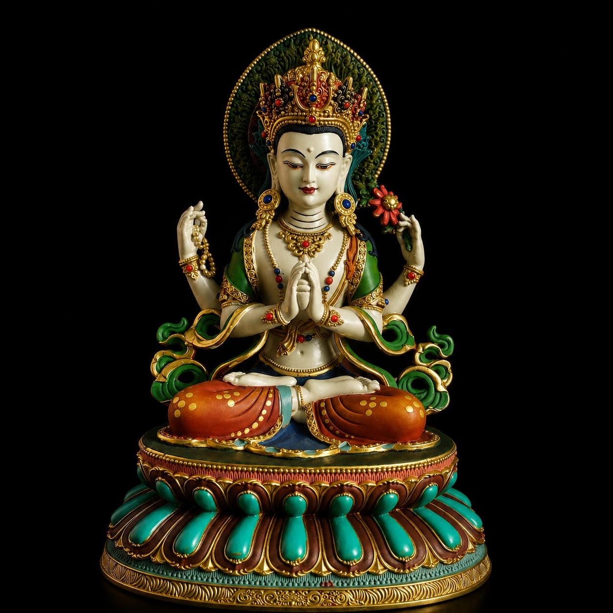 Gilded Copper Four Armed Avalokiteshvara Statue, Nepalese Buddha Figurine, Painted Chenrezig Bodhisattva Deity Altarpiece Home Decor Gift