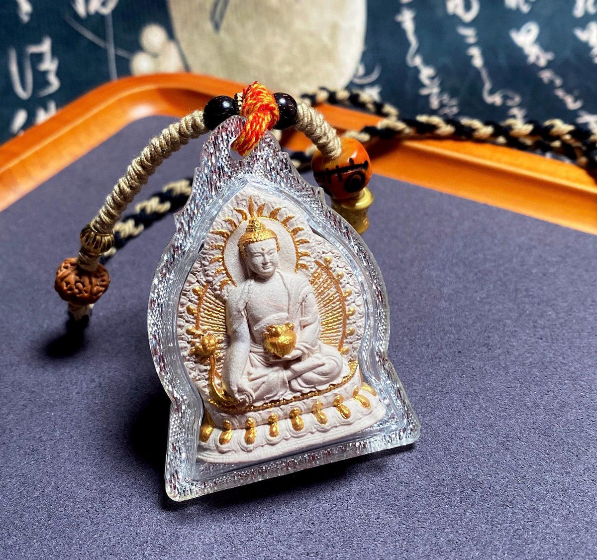 Hand Painted Medicine Buddha Pendant, Tibetan Tsa Tsa Sacred Incense Ash Necklace, Miniature Thangka Buddhist Amulet Protection Jewelry