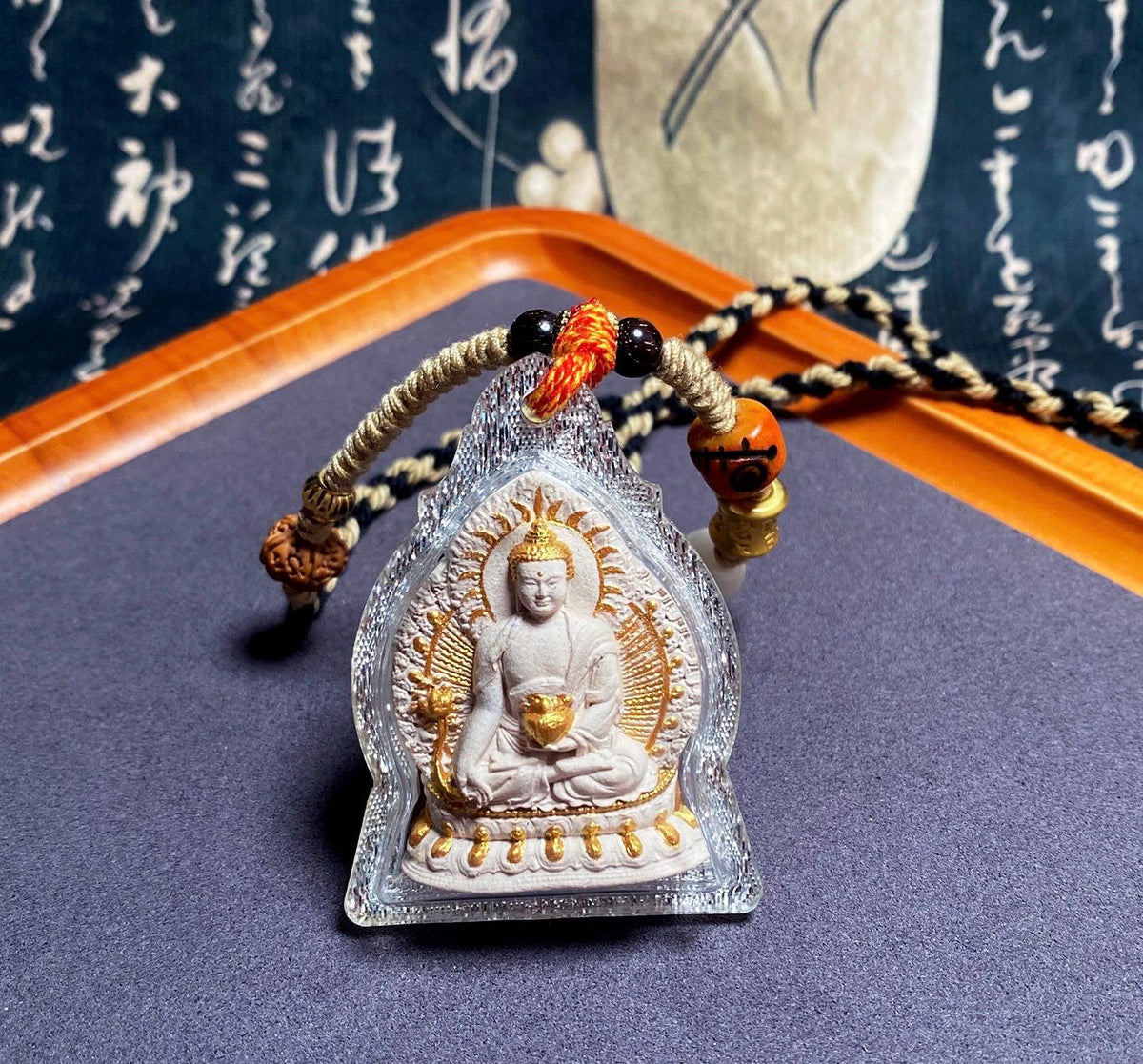 Hand Painted Medicine Buddha Pendant, Tibetan Tsa Tsa Sacred Incense Ash Necklace, Miniature Thangka Buddhist Amulet Protection Jewelry