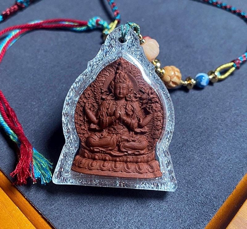 Four-Armed Chenrezig Tsa Tsa Amulet Pendant, Tibetan Gau Box Necklace, Avalokiteshvara Buddha Thangka Pendant, Buddhist Protection Jewelry