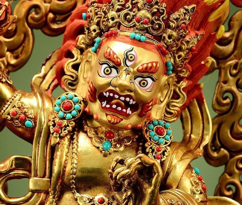Gilt Brass Vajrapani Statue Wrathful Tibetan Buddhist Deity Mahabala Home Altar Decor Turquoise Inlaid Protection Guardian Bodhisattva