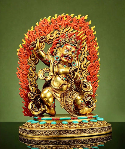 Gilt Brass Vajrapani Statue Wrathful Tibetan Buddhist Deity Mahabala Home Altar Decor Turquoise Inlaid Protection Guardian Bodhisattva