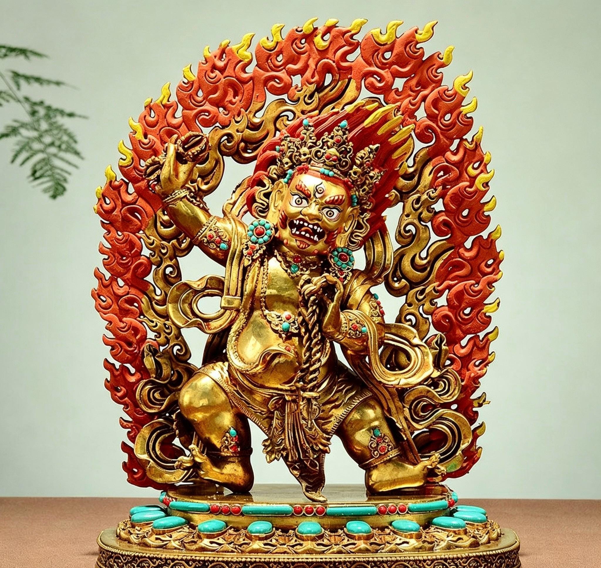 Gilt Brass Vajrapani Statue Wrathful Tibetan Buddhist Deity Mahabala Home Altar Decor Turquoise Inlaid Protection Guardian Bodhisattva