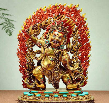 Gilt Brass Vajrapani Statue Wrathful Tibetan Buddhist Deity Mahabala Home Altar Decor Turquoise Inlaid Protection Guardian Bodhisattva