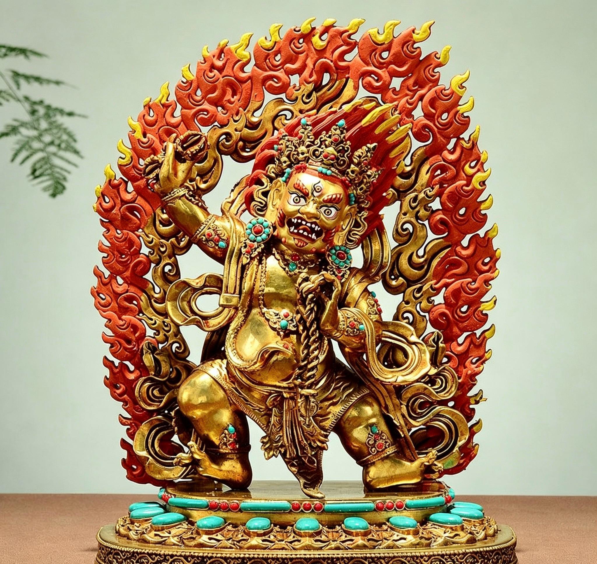 Gilt Brass Vajrapani Statue Wrathful Tibetan Buddhist Deity Mahabala Home Altar Decor Turquoise Inlaid Protection Guardian Bodhisattva