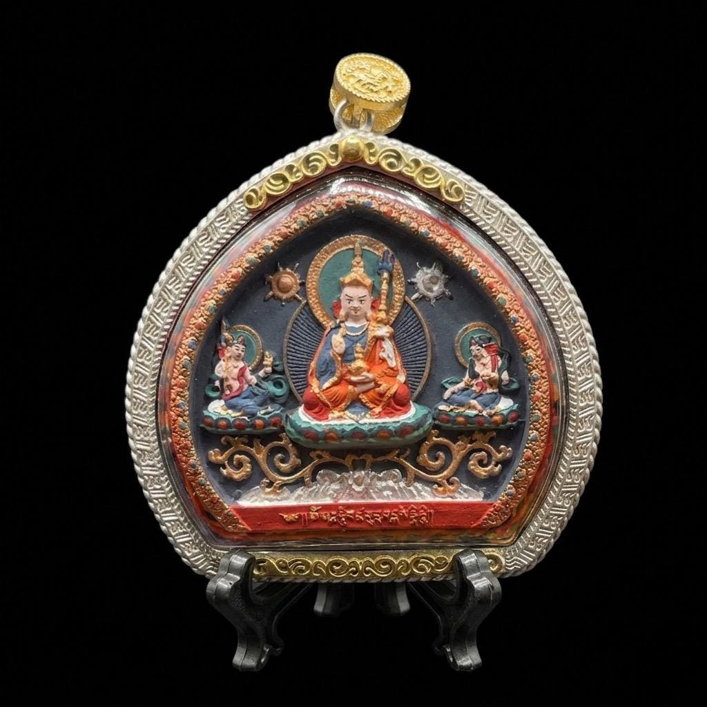 Tibetan Padmasambhava Thangka Ghau Box Necklace Hand-Painted Mineral Pigment Tsa Tsa Amulet Pendant Protective Buddhist Talisman