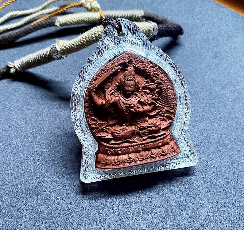Medicinal Tsa Tsa Manjushri Pendant, Tibetan Antique Gau Box Necklace, Sacred Buddhist Amulet, Wisdom Bodhisattva Talisman, Spiritual Gift