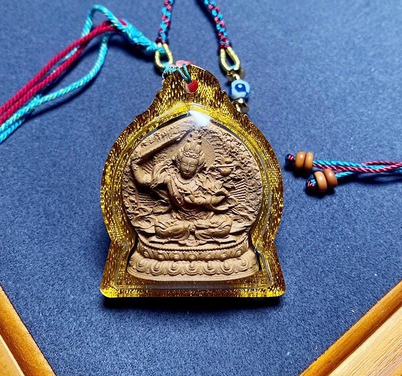 Medicinal Tsa Tsa Manjushri Pendant, Tibetan Antique Gau Box Necklace, Sacred Buddhist Amulet, Wisdom Bodhisattva Talisman, Spiritual Gift