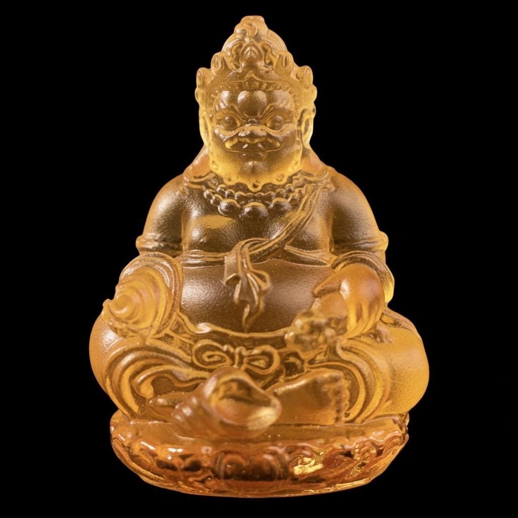 Mini Yellow Dzambhala Statue, 2" Liuli Glass Buddha, Feng Shui Car Dashboard Decor, God of Wealth Office Desk Ornament, Buddhist Gift