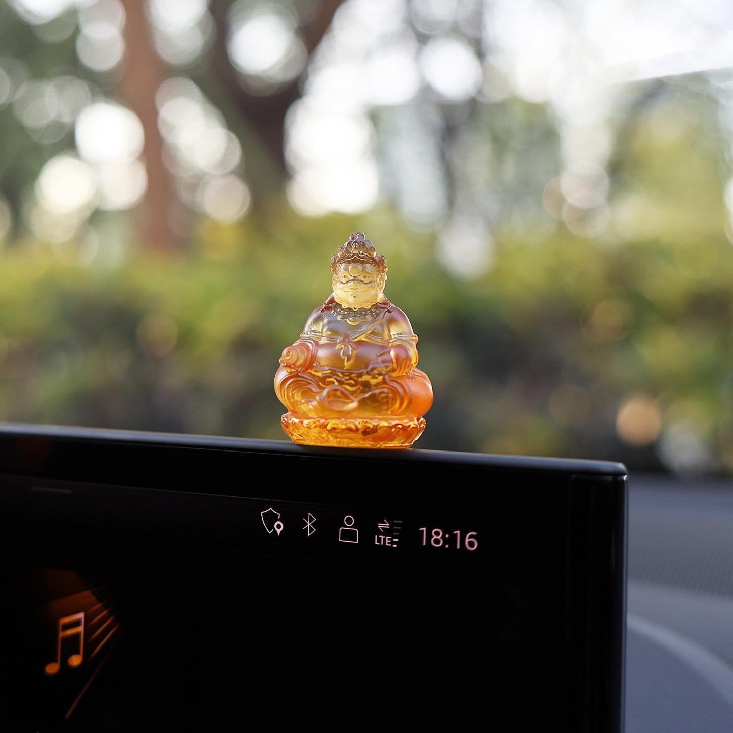 Mini Yellow Dzambhala Statue, 2" Liuli Glass Buddha, Feng Shui Car Dashboard Decor, God of Wealth Office Desk Ornament, Buddhist Gift