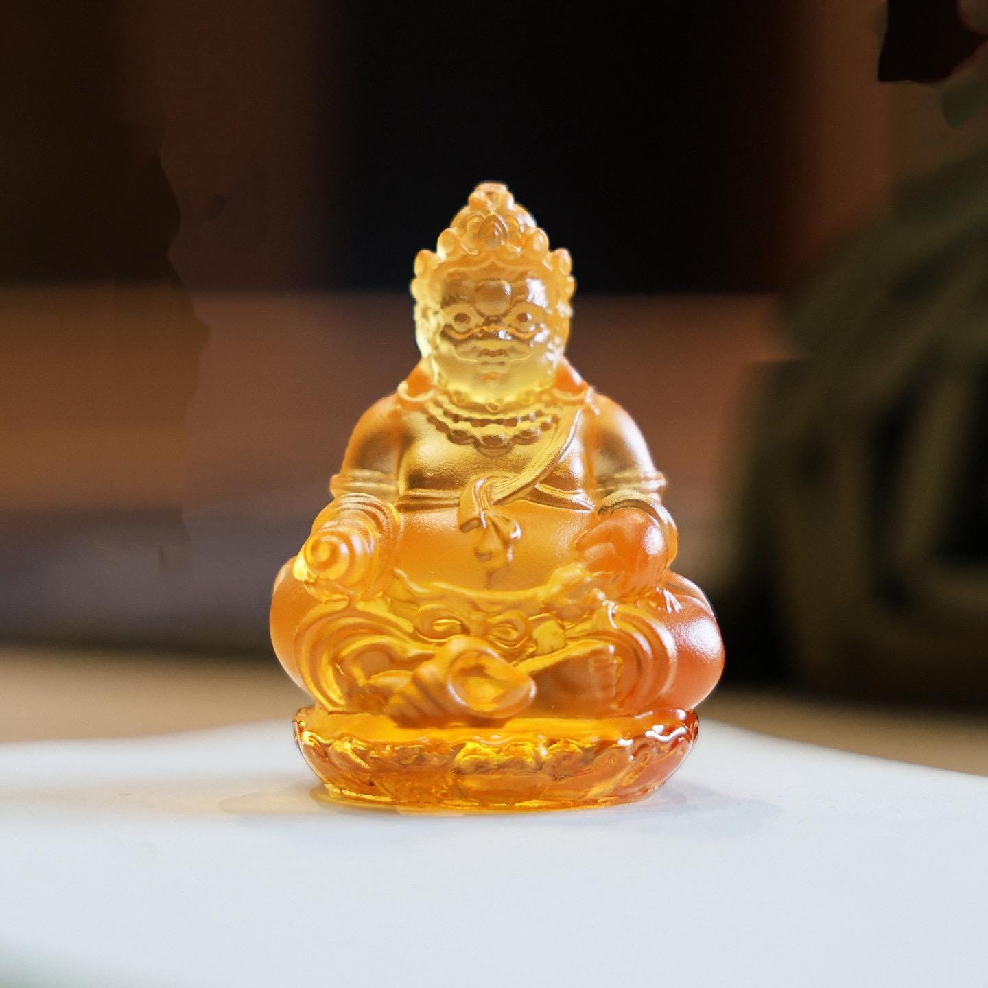 Mini Yellow Dzambhala Statue, 2" Liuli Glass Buddha, Feng Shui Car Dashboard Decor, God of Wealth Office Desk Ornament, Buddhist Gift
