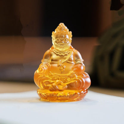 Mini Yellow Dzambhala Statue, 2" Liuli Glass Buddha, Feng Shui Car Dashboard Decor, God of Wealth Office Desk Ornament, Buddhist Gift